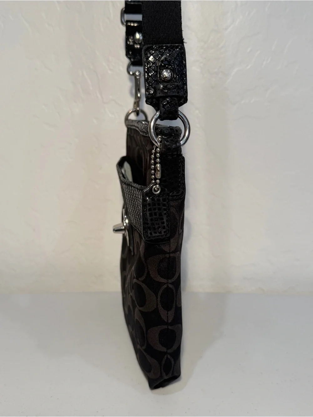 Coach Black Signature Peyton Exotic Trim Swingpack Crossbody